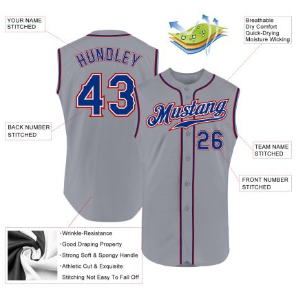 Personalized Gray Royal-Red Baseball Jersey - Authentic Sleeveless Design Personalized Gray Royal-Red Authentic Sleeveless