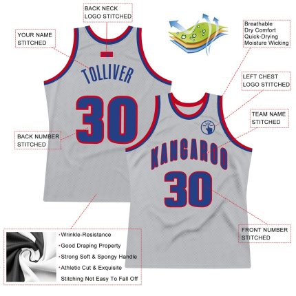 Custom Name and Number Authentic Throwback Basketball Jersey - Personalized Gray Royal-Red Design Personalized Gray Royal-Red