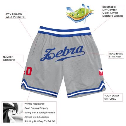 Personalized Royal-Red Gray Throwback Basketball Shorts - Authentic Athletic Gear Personalized Gray Royal-Red Authentic Throwback