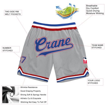 Custom Name Number Authentic Throwback Basketball Shorts Gray Royal Red - Personalized Team Gear Personalized Gray Royal-Red
