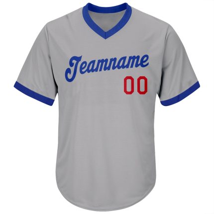 Personalized Authentic Rib-Knit Baseball Jersey Shirt in Gray and Royal-Red Personalized Gray Royal-Red Authentic Throwback