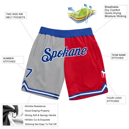 Personalized Basketball Shorts Custom Name Number Gray Royal-Red Authentic Throwback Split Fashion Personalized Gray Royal-Red