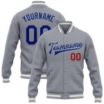 Custom Name Number Gray Royal-Red Bomber Varsity Letterman Jacket - Personalized Team Apparel Personalized Gray Royal-Red