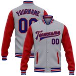 Custom Name Number Gray Royal Red Bomber Varsity Letterman Two Tone Jacket Full Snap Personalized Team Apparel Personalized