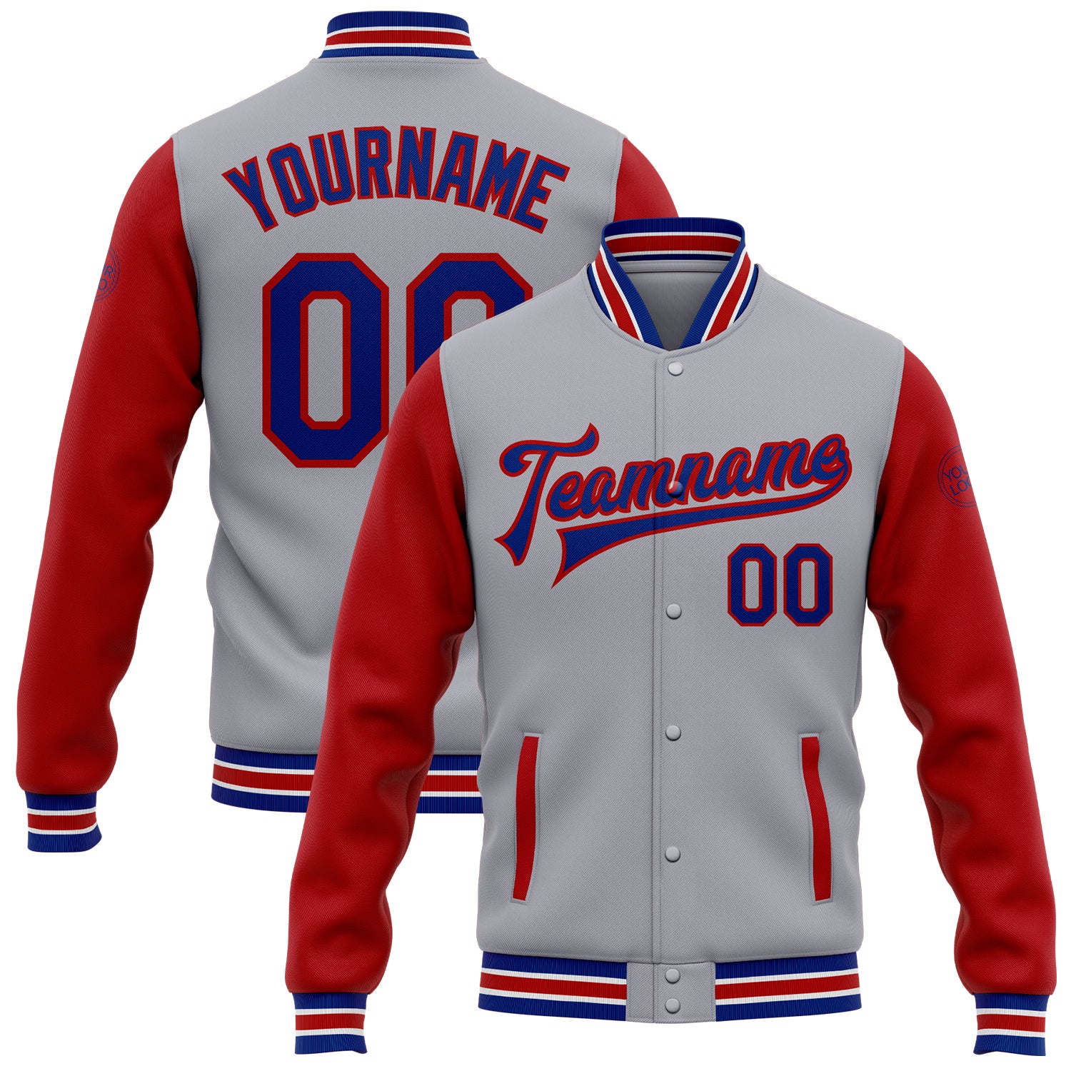 Custom Name Number Gray Royal Red Bomber Varsity Letterman Two Tone Jacket Full Snap Personalized Team Apparel Personalized