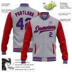 Custom Name Number Gray Royal Red Bomber Varsity Letterman Two Tone Jacket Full Snap Personalized Team Apparel Personalized