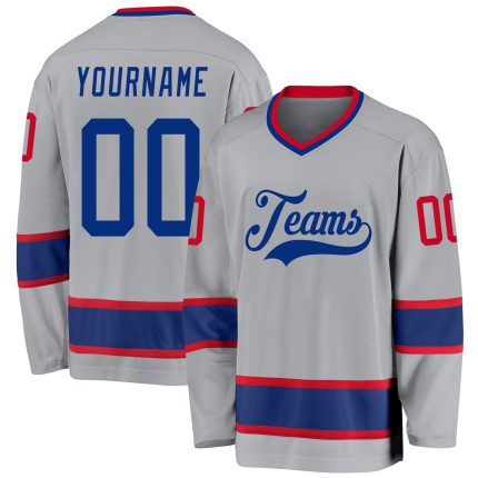 Custom Team Hockey Jersey with Personalized Name & Number in Gray and Royal-Red Personalized Gray Royal-Red Hockey Jersey