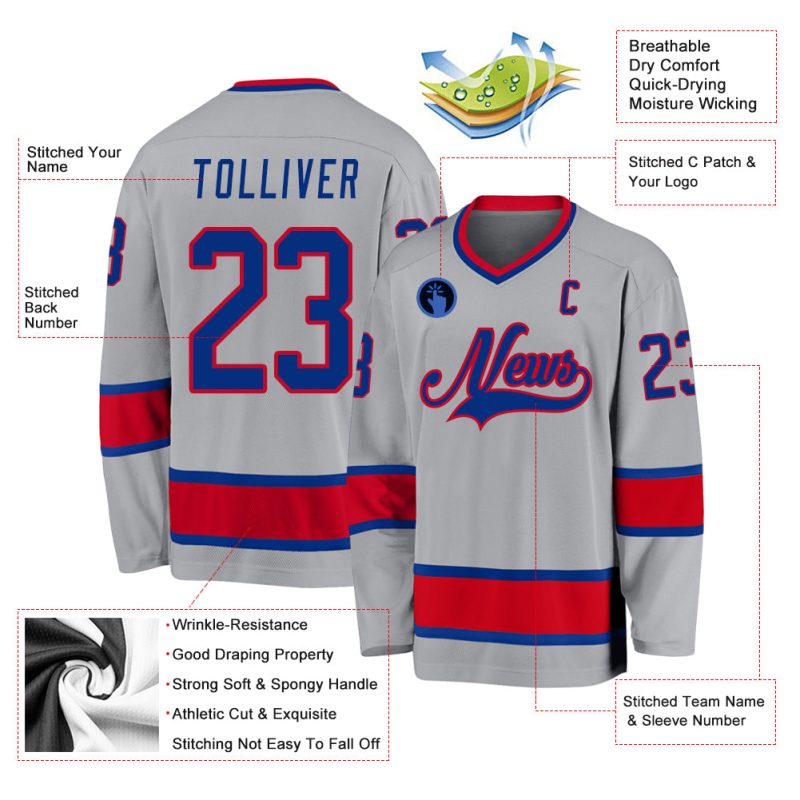 Personalized Royal-Red Gray Hockey Jersey for Custom Team Gear Personalized Gray Royal-Red Hockey Jersey