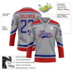 Custom Name and Number Hockey Jersey - Personalized Gray and Royal-Red Lace Neck Team Shirt Personalized Gray Royal-Red Hockey