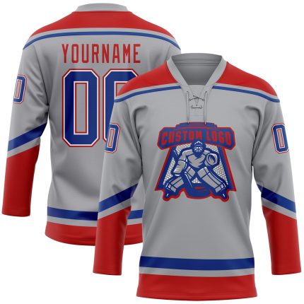 Custom Name and Number Hockey Jersey - Personalized Gray and Royal-Red Lace Neck Team Shirt Personalized Gray Royal-Red Hockey