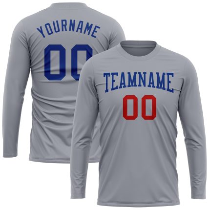 Personalized Gray Performance T-Shirt - Royal-Red Long Sleeve Tee for Men and Women Personalized Gray Royal-Red Long Sleeve