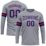 Custom Team Name and Number Long Sleeve Performance T-Shirt, Gray with Royal-Red Design Personalized Gray Royal-Red Long