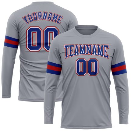 Custom Team Name and Number Long Sleeve Performance T-Shirt, Gray with Royal-Red Design Personalized Gray Royal-Red Long