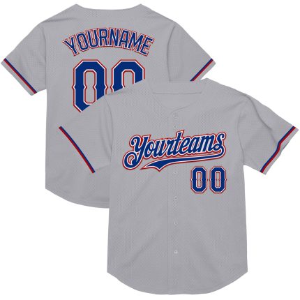 Personalized Gray Red Mesh Authentic Throwback Baseball Jersey for Men Personalized Gray Royal-Red Mesh Authentic Throwback