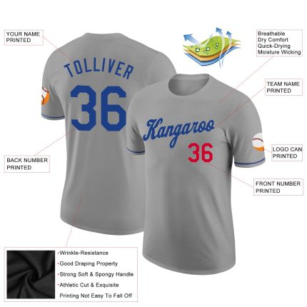 Custom Name and Number Performance T-Shirt - Personalized Gray and Royal-Red Team Apparel Personalized Gray Royal-Red Performance