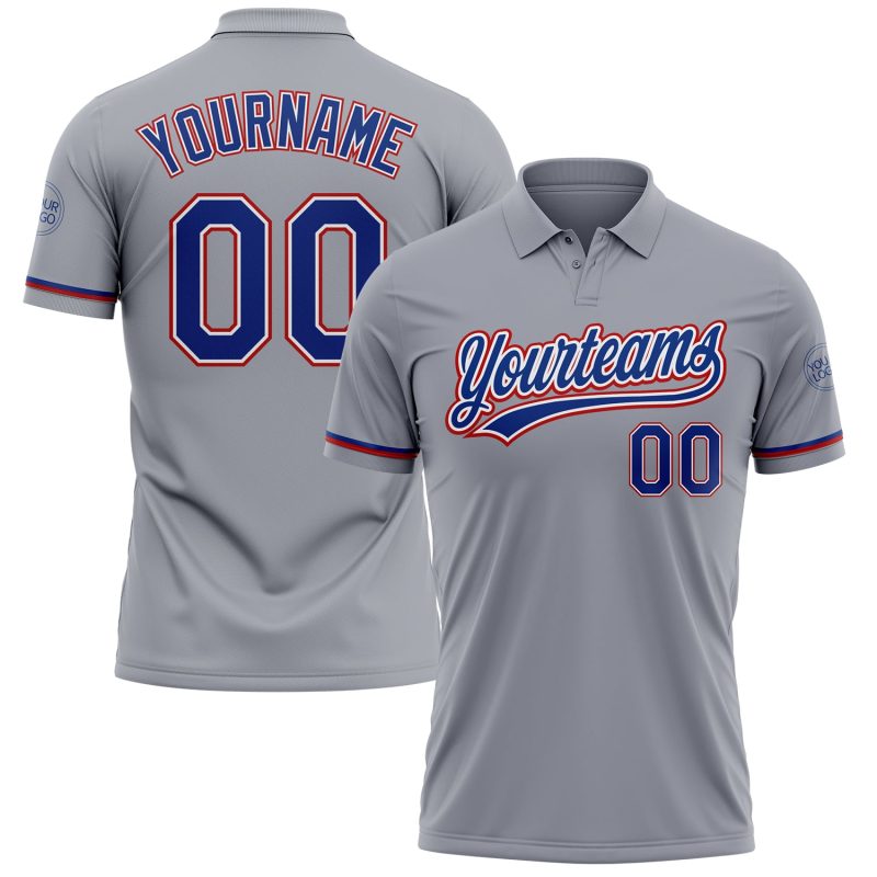Custom Name and Number Personalized Royal-Red Golf Polo Shirt - Gray Performance Vapor Team Apparel Personalized Gray Royal-Red