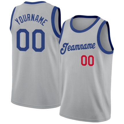 Custom Name Number Basketball Jersey Gray Royal-Red Round Neck Rib-Knit Team Uniform Personalized Gray Royal-Red Round Neck