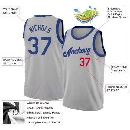 Custom Name Number Basketball Jersey Gray Royal-Red Round Neck Rib-Knit Team Uniform Personalized Gray Royal-Red Round Neck