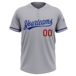 Personalized Unisex Softball Jersey - Gray and Royal-Red, Two-Button Design Personalized Gray Royal-Red Two-Button Unisex