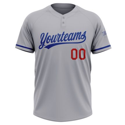 Personalized Unisex Softball Jersey - Gray and Royal-Red, Two-Button Design Personalized Gray Royal-Red Two-Button Unisex