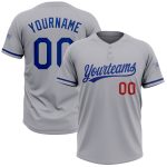 Personalized Unisex Softball Jersey - Gray and Royal-Red, Two-Button Design Personalized Gray Royal-Red Two-Button Unisex