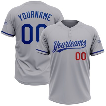 Personalized Unisex Softball Jersey - Gray and Royal-Red, Two-Button Design Personalized Gray Royal-Red Two-Button Unisex
