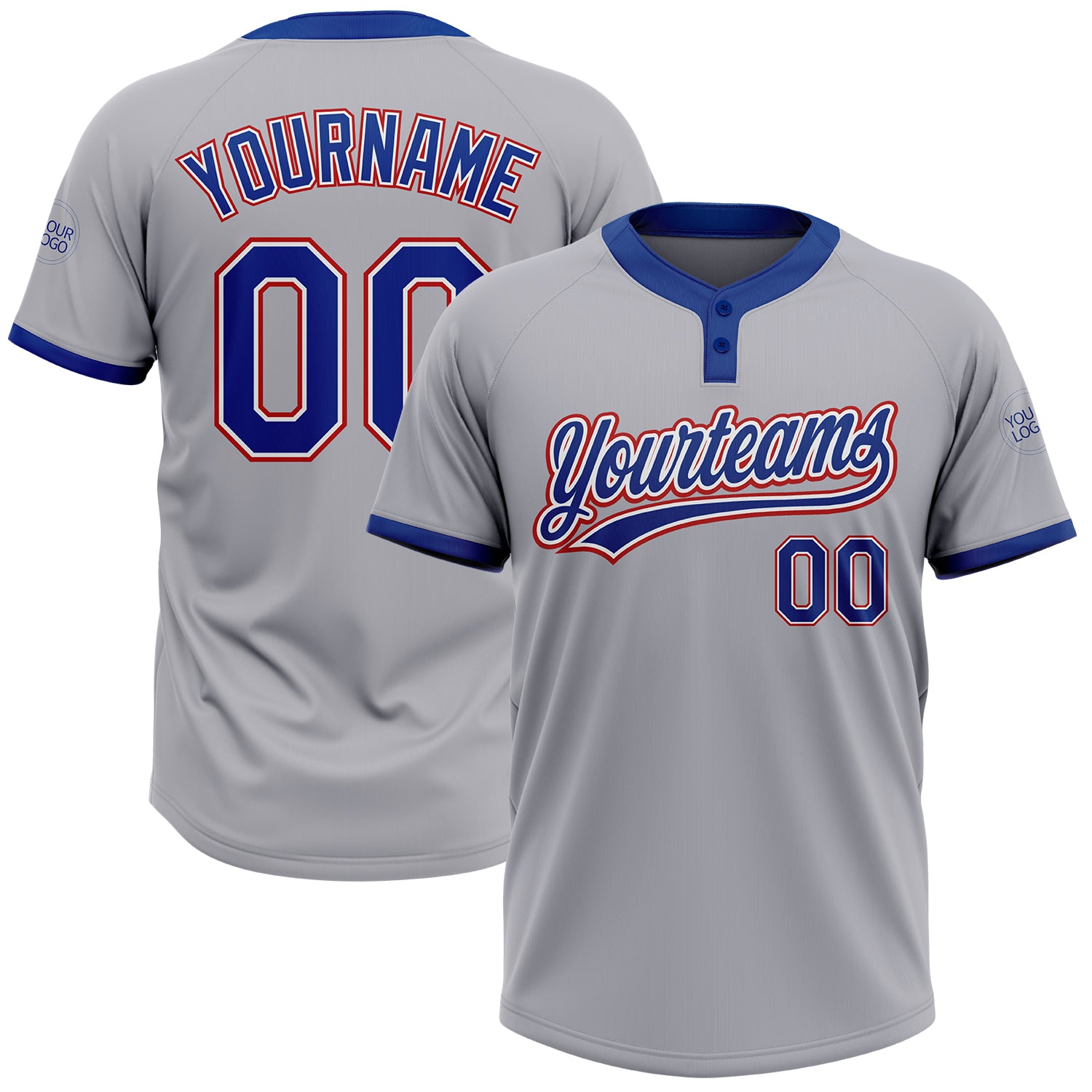 Custom Name and Number Unisex Softball Jersey in Gray and Royal Red - Personalized Two-Button Design Personalized Gray Royal-Red