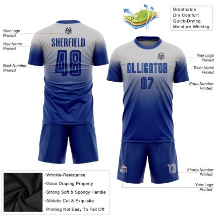 Custom Name and Number Personalized Gray Soccer Uniform Jersey, Fade Fashion Team Design Personalized Gray Royal Sublimation