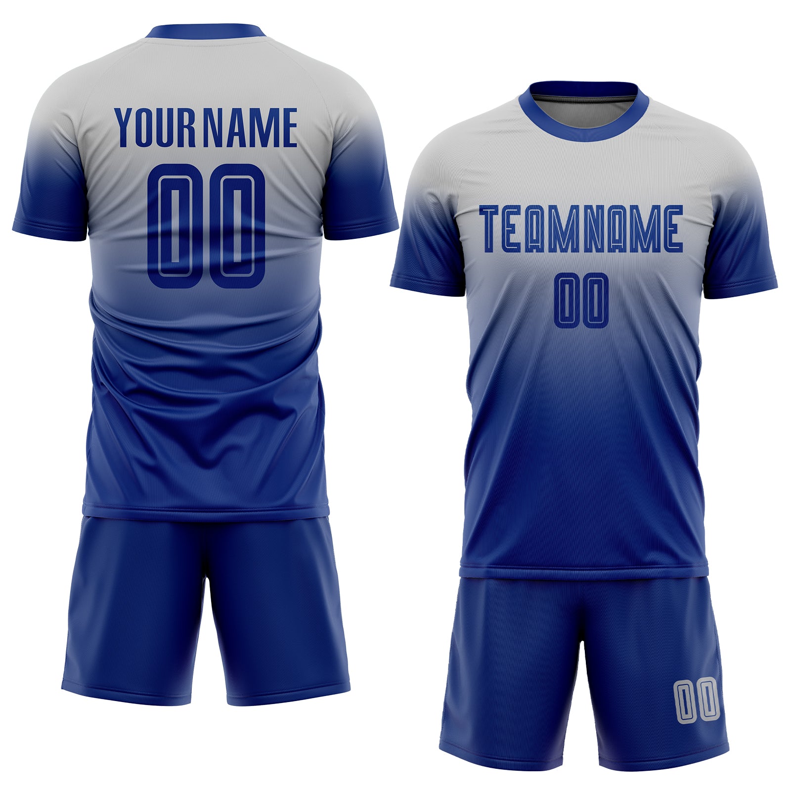 Custom Name and Number Personalized Gray Soccer Uniform Jersey, Fade Fashion Team Design Personalized Gray Royal Sublimation