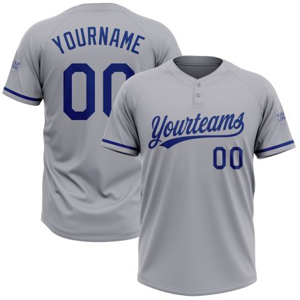 Custom Name and Number Unisex Gray Royal Softball Jersey - Personalized Two-Button Team Apparel Personalized Gray Royal Two-Button
