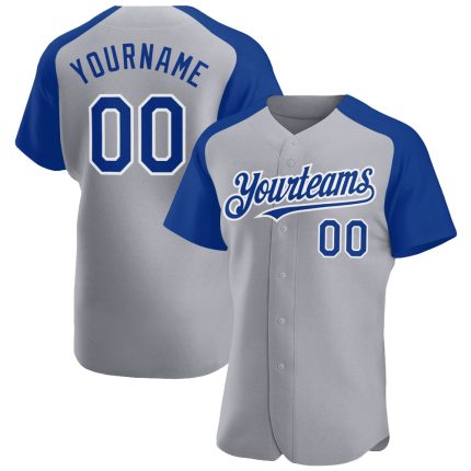Custom Name and Number Gray Royal-White Baseball Jersey - Authentic Raglan Sleeves Team Gear Personalized Gray Royal-White