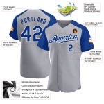 Custom Name and Number Gray Royal-White Baseball Jersey - Authentic Raglan Sleeves Team Gear Personalized Gray Royal-White