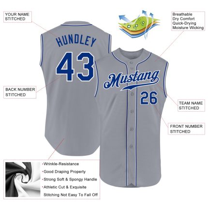 Custom Name and Number Authentic Sleeveless Baseball Jersey Gray Royal-White Personalized Team Apparel Personalized Gray