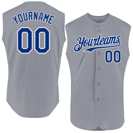 Personalized Gray and White Authentic Sleeveless Baseball Jersey for Men Personalized Gray Royal-White Authentic Sleeveless