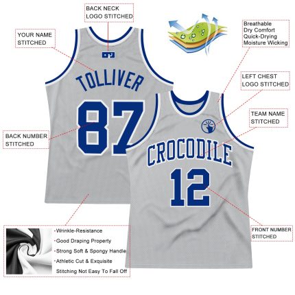 Custom Name and Number Basketball Jersey - Authentic Gray Royal-White Throwback Design Personalized Gray Royal-White Authentic
