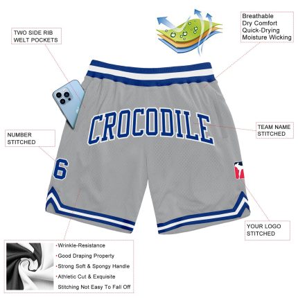 Custom Name and Number Personalized Gray and White Throwback Basketball Shorts Authentic Team Gear Personalized Gray Royal-White