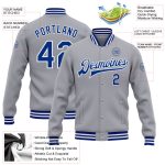 Custom Gray Royal and White Varsity Letterman Bomber Jacket Full-Snap for Men and Women Personalized Gray Royal-White Bomber