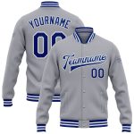 Custom Gray Royal and White Varsity Letterman Bomber Jacket Full-Snap for Men and Women Personalized Gray Royal-White Bomber
