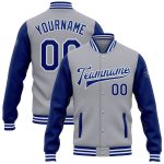 Personalized Varsity Letterman Bomber Jacket Gray Royal-White Full-Snap Two Tone Personalized Gray Royal-White Bomber Full-Snap