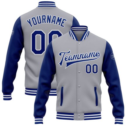 Personalized Varsity Letterman Bomber Jacket Gray Royal-White Full-Snap Two Tone Personalized Gray Royal-White Bomber Full-Snap