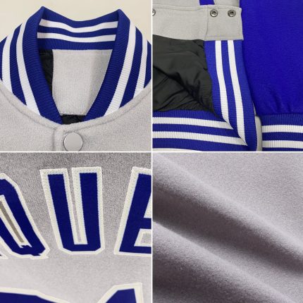 Personalized Varsity Letterman Bomber Jacket Gray Royal-White Full-Snap Two Tone Personalized Gray Royal-White Bomber Full-Snap