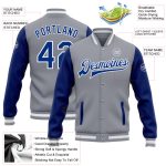 Custom Name Number Gray White Two Tone Varsity Letterman Bomber Jacket Full-Snap Personalized Team Apparel Personalized Gray