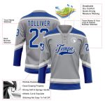 Custom Name and Number Personalized Gray Royal-White Hockey Lace Neck Jersey Personalized Gray Royal-White Hockey Lace Neck