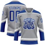 Custom Name and Number Personalized Gray Royal-White Hockey Lace Neck Jersey Personalized Gray Royal-White Hockey Lace Neck