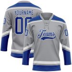 Custom Name and Number Personalized Gray Royal-White Hockey Lace Neck Jersey Personalized Gray Royal-White Hockey Lace Neck
