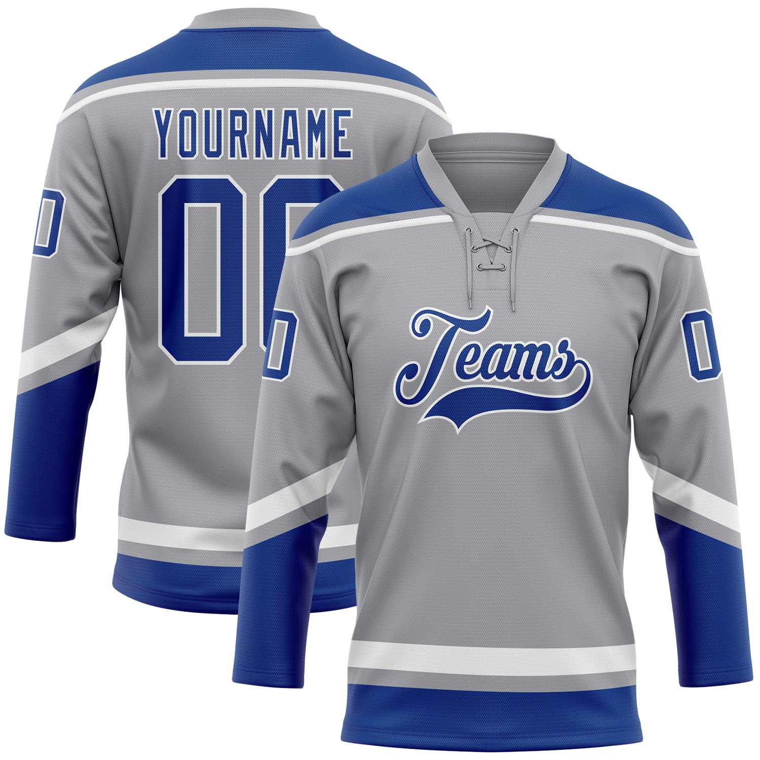 Custom Name and Number Personalized Gray Royal-White Hockey Lace Neck Jersey Personalized Gray Royal-White Hockey Lace Neck