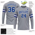 Custom Team Name Number Long Sleeve Performance T-Shirt Gray Royal-White Personalized for Men and Women Personalized Gray