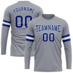 Custom Team Name Number Long Sleeve Performance T-Shirt Gray Royal-White Personalized for Men and Women Personalized Gray