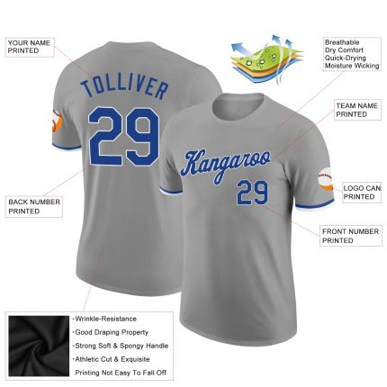 Custom Team Performance T-Shirt with Personalized Name and Number - Gray Royal-White Personalized Gray Royal-White Performance
