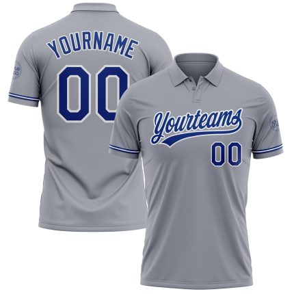 Custom Name and Number Gray White Performance Vapor Golf Polo Shirt - Personalized Team Apparel Personalized Gray Royal-White